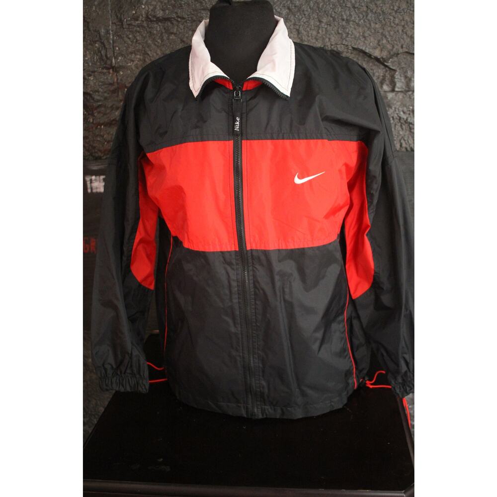 Vintage Nike Windbreaker Jacket XL Black Red White Big Swoosh Full Zip Y2K Track
